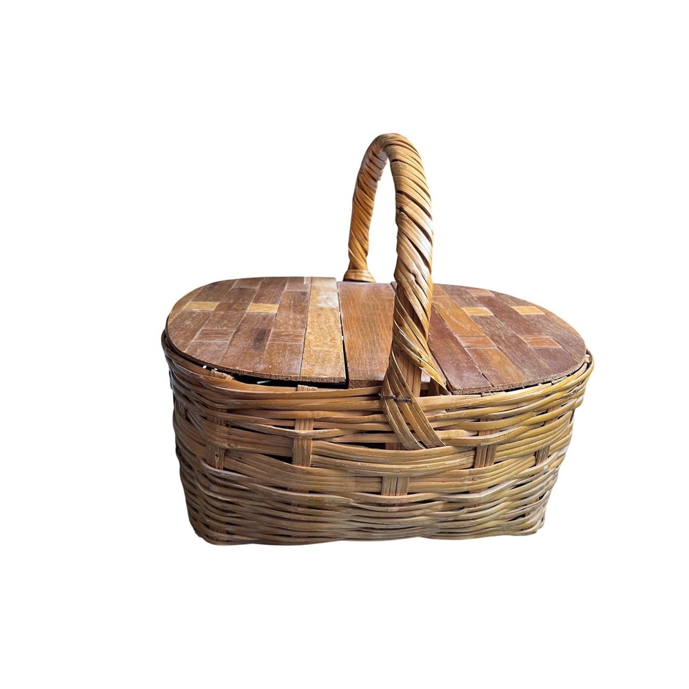 Vintage Wicker Picnic Basket Inlaid Wood Slat Split Lid Oval Woven Reed Handle